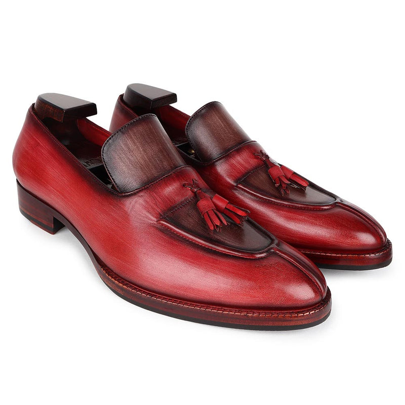 Burgundy + Brown Brushed Patina Mirror Glossed Apron Toe Tassel Loafers