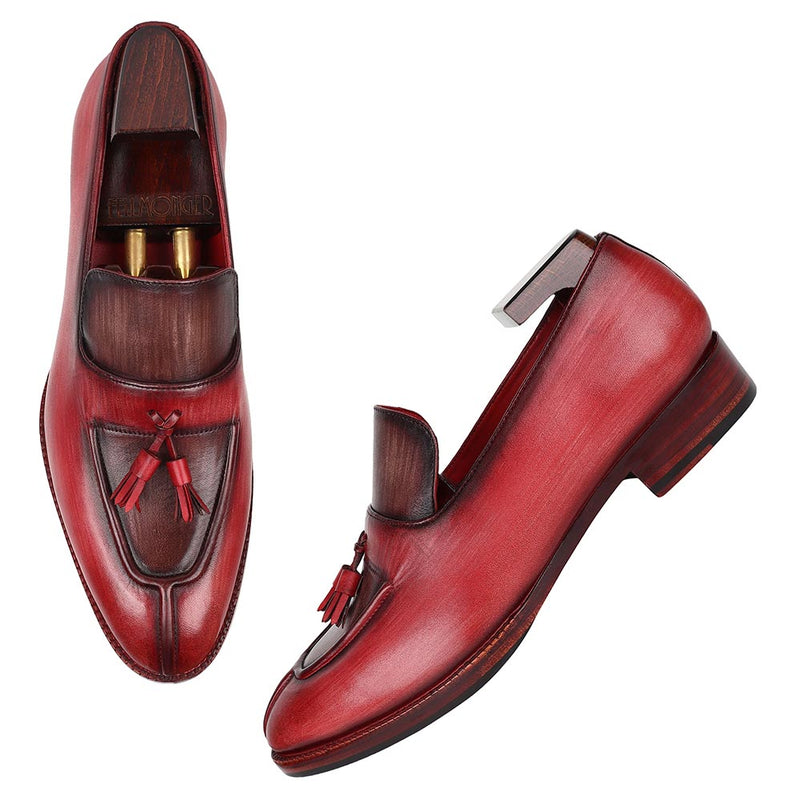 Burgundy + Brown Brushed Patina Mirror Glossed Apron Toe Tassel Loafers