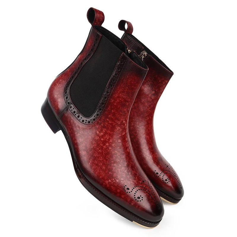Burgundy Marble Glossed Patina Zip Chelsea Boots With Metal Toe Plate