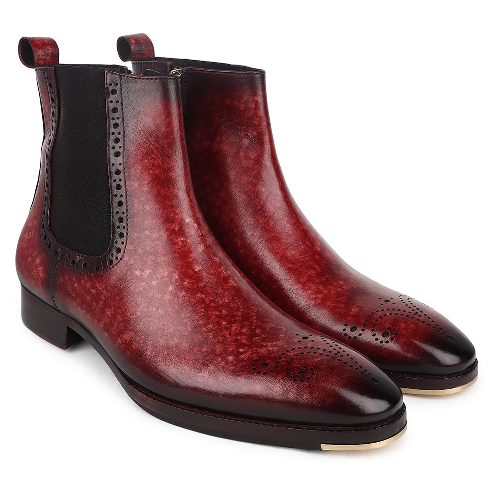 Burgundy Marble Glossed Patina Zip Chelsea Boots With Metal Toe