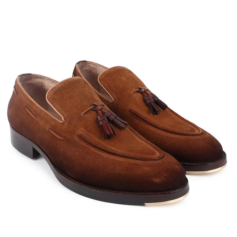Cognac Burnished Suede With Brown Leather Classuc Leather Loafers With Metal Toe Plate