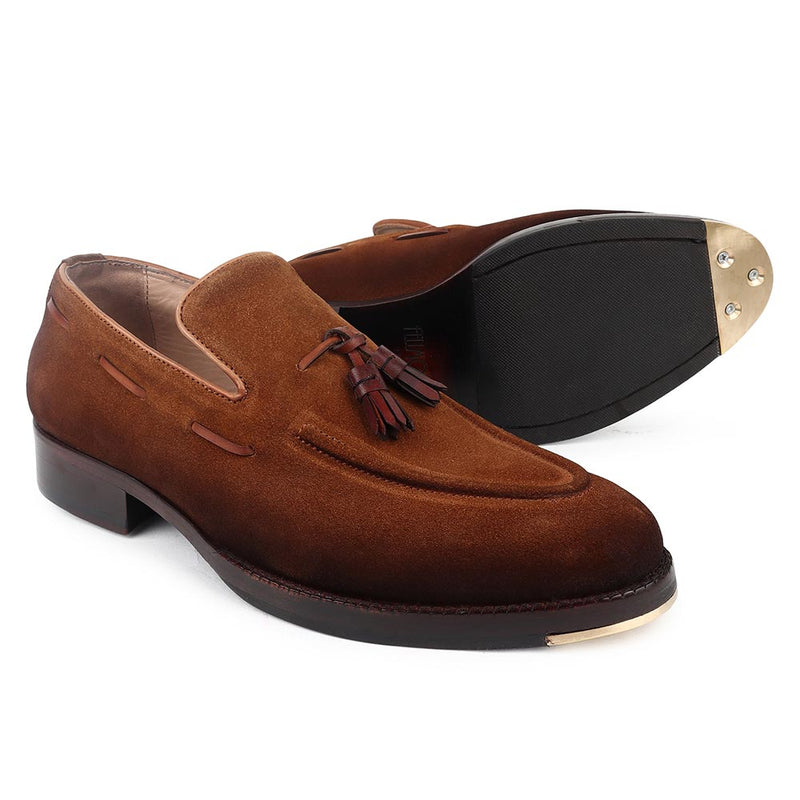 Cognac Burnished Suede With Brown Leather Classuc Leather Loafers With Metal Toe Plate