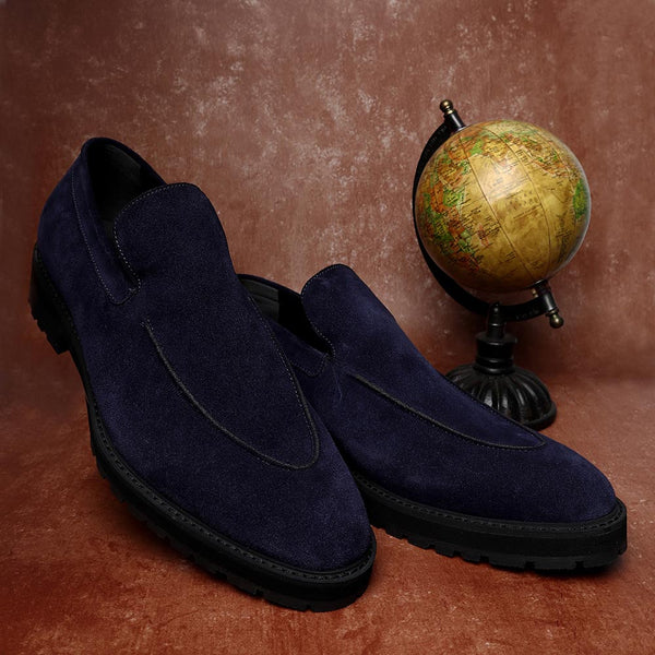 Navy Blue Suede Extralight Slipon Loafers With Cordstitch
