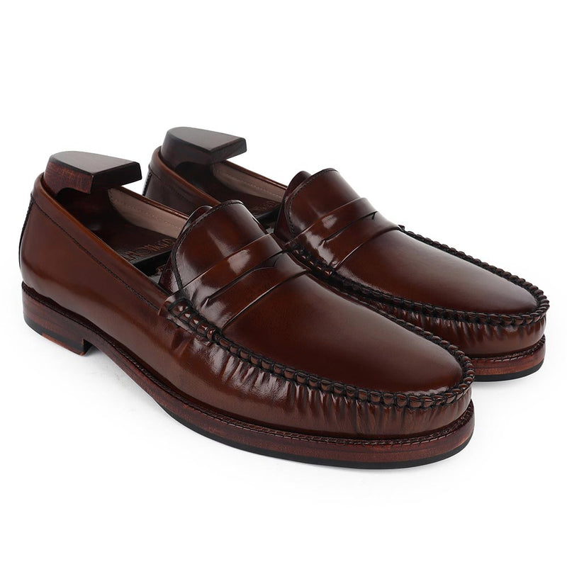 Tan Brushed Glossy Classic Moccasins With Plain Leather Sole