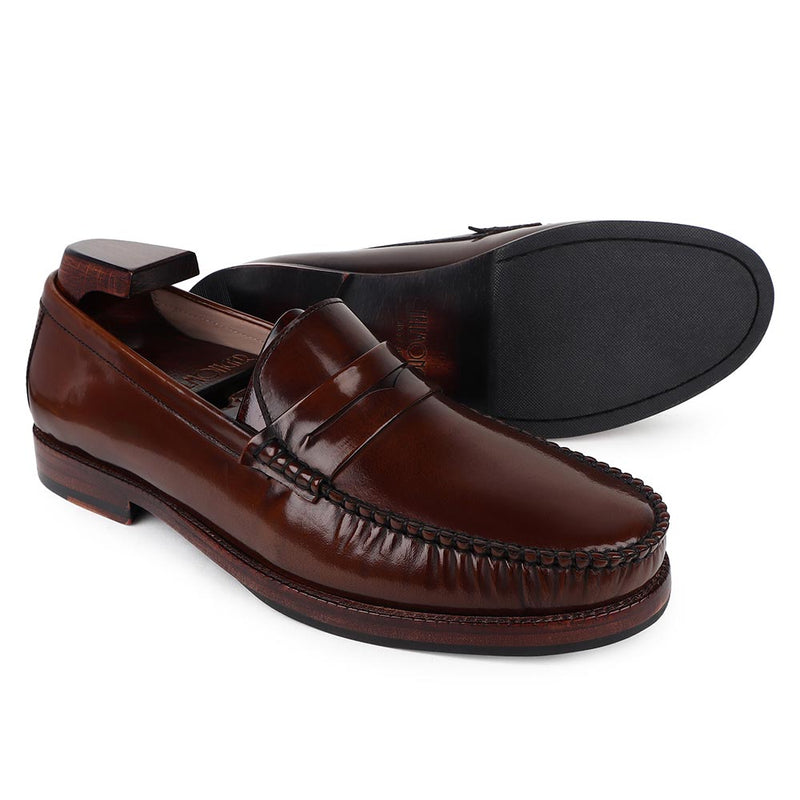 Tan Brushed Glossy Classic Moccasins With Plain Leather Sole