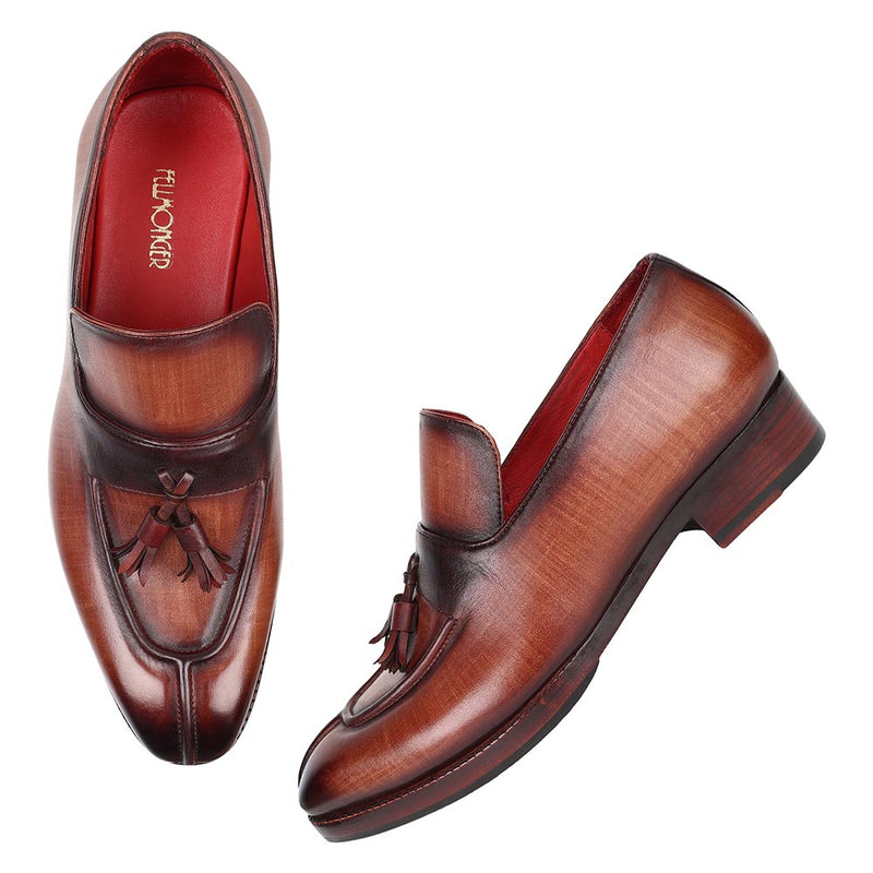Tan Check Patina Mirror Glossed Tassel Loafers