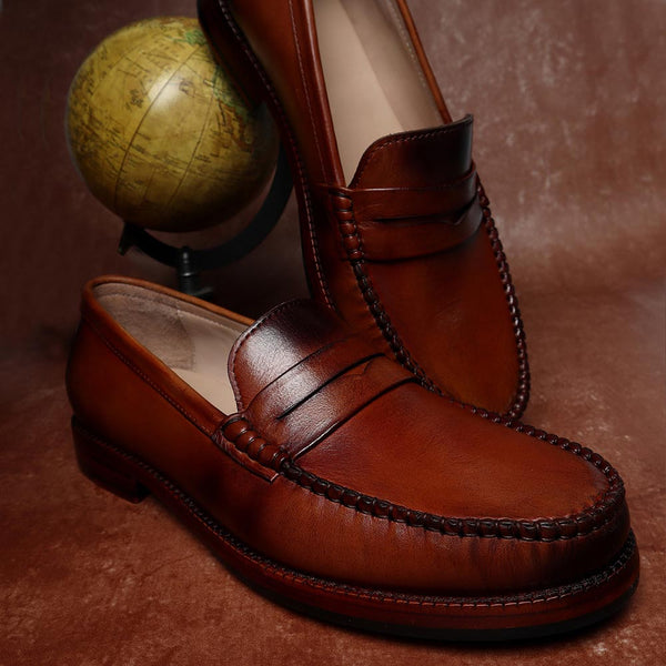 Handmade Men Tan Brown Leather Penny Loafer Shoes, Men Classic