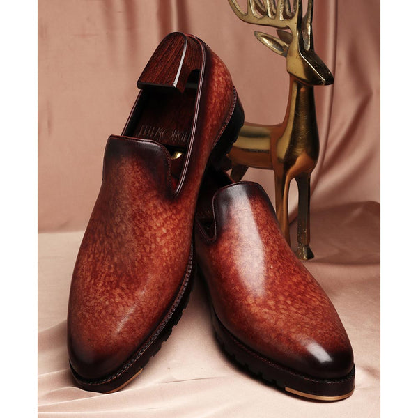 Tan Mirror Glossed Marble Patina Slipon Loafers With Commando Sole And Metal Toe Plate