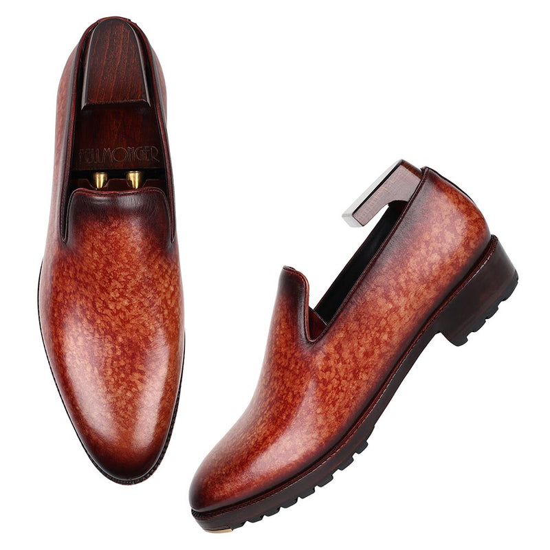 Tan Mirror Glossed Marble Patina Slipon Loafers With Commando Sole And Metal Toe Plate