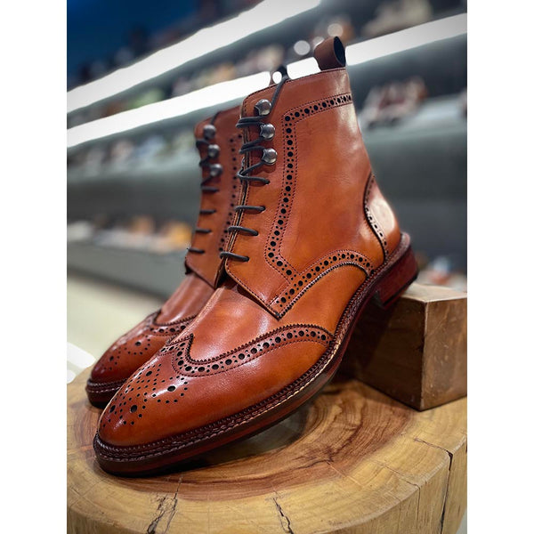 Tan Classic Mirror Glossed Wingtip Welted Boots