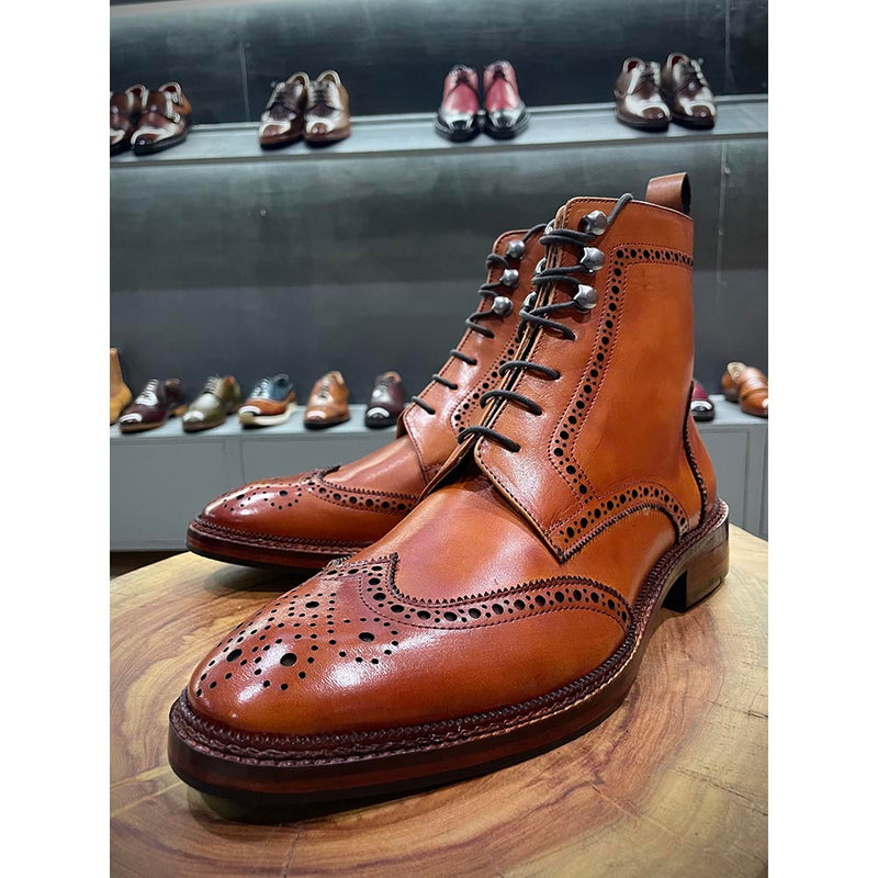 Tan Classic Mirror Glossed Wingtip Welted Boots
