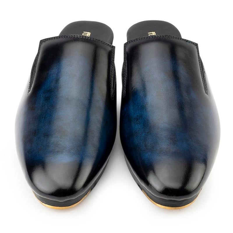 Blue Patina Glossed Mules With Metal Toe Plates