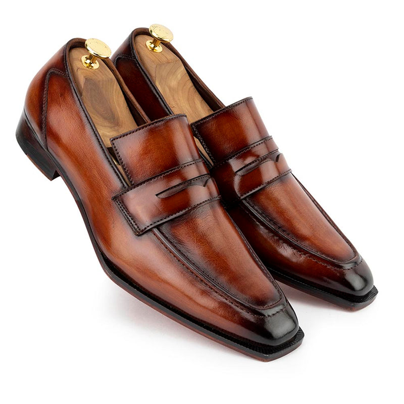 Tan Patina Glossed Sharp Cut Loafers