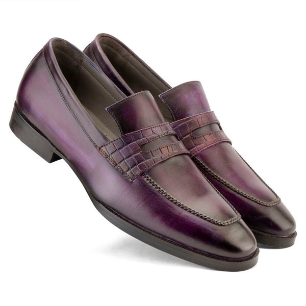 Purple Handpainted Patina Penny Loafer with Croco Saddle
