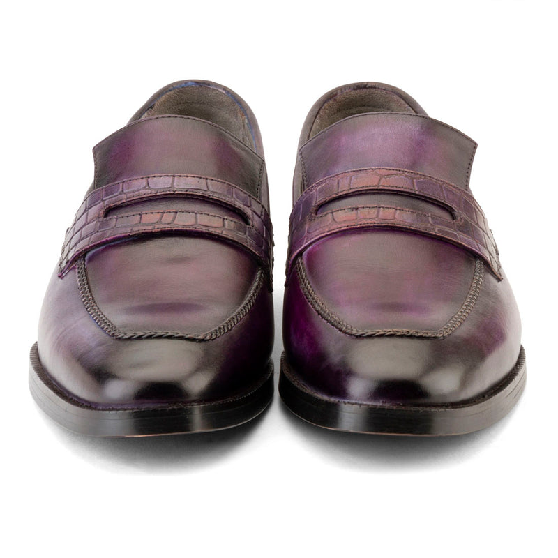 Purple Handpainted Patina Penny Loafer with Croco Saddle