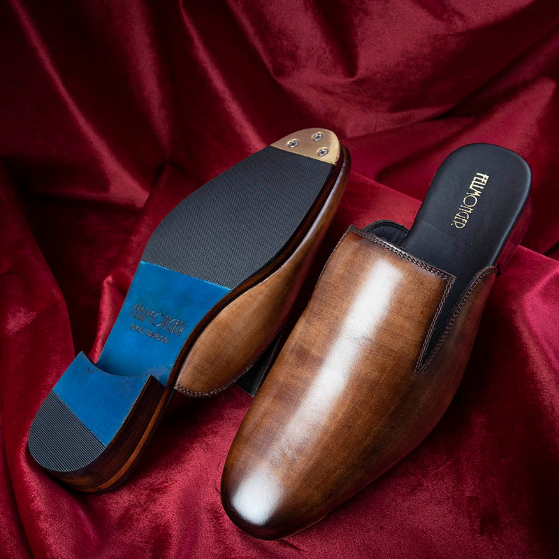Brown Patina Glossed Mules With Metal Toe Plates