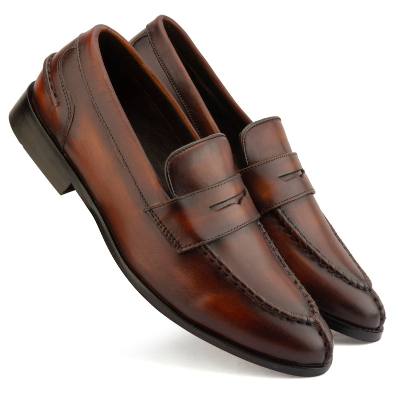 BROWN WOODEN  PATINA APRON TOE PENNY LOAFERS