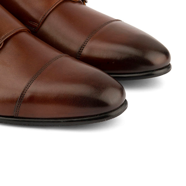 Brown Sleek Captoe Double Monk Oxfords