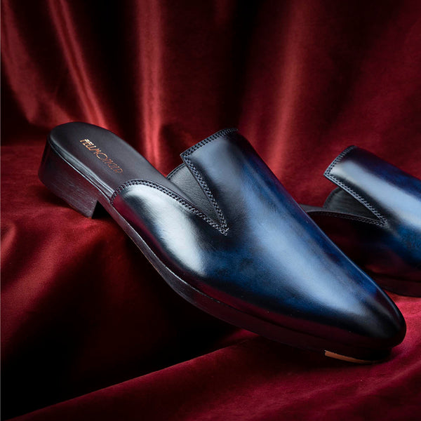 Blue Patina Glossed Mules With Metal Toe Plates