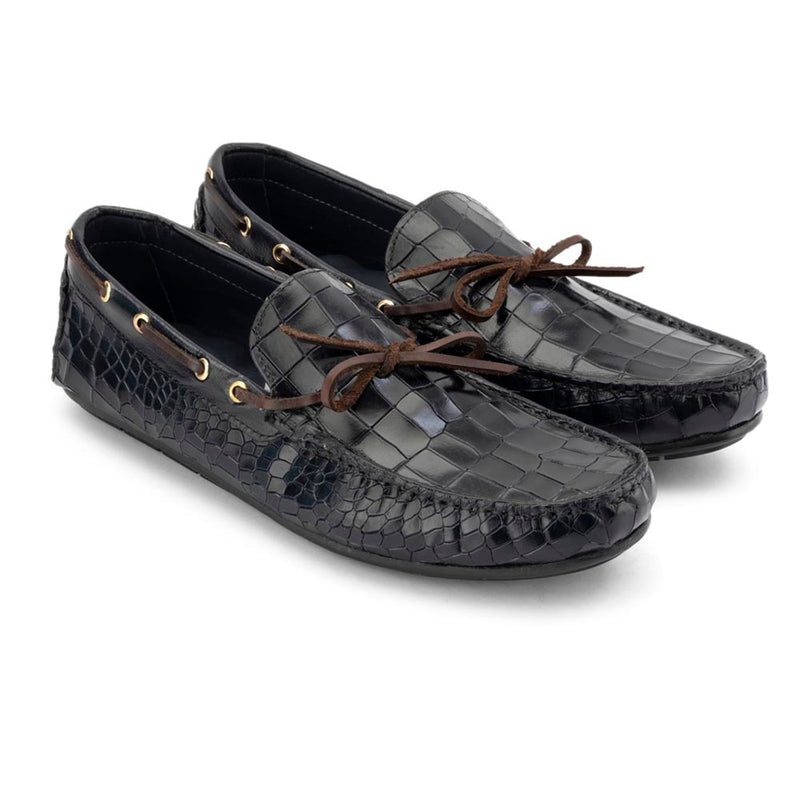 Navy Blue Glossed Croco Driving Loafers
