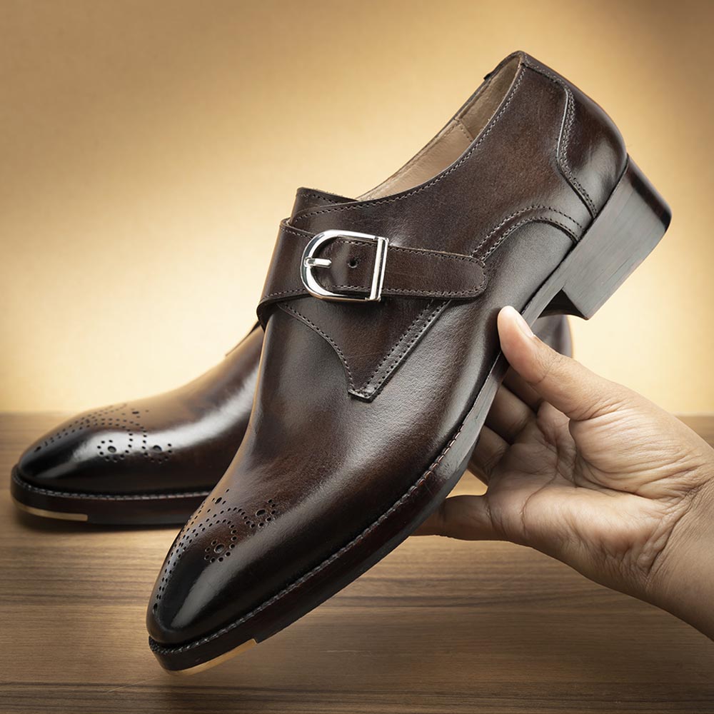Leather Monk Single Strap Monk Shoes Mens Brown Glossed