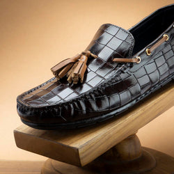 Brown Glossed Croco Tassel Driving Loafers