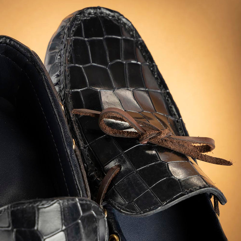 Navy Blue Glossed Croco Driving Loafers